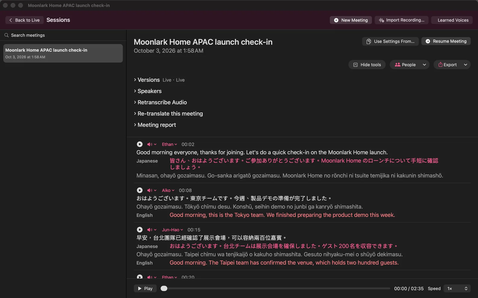 A saved staged meeting in KaigiFlow on Mac after the speakers were named Ethan, Aiko and Jun-Hao, with translations under each line and the Export menu above.